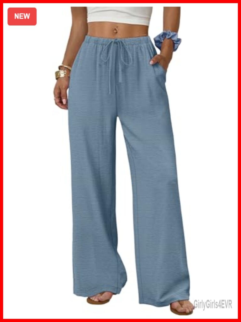 Wide Leg Palazzo Drawstring Elastic Waist Pants with Pockets